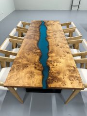 Большой обеденный стол из темного капового тополя и эпоксидной смолы цвета океана Cobalt 01384 фото | Dorus